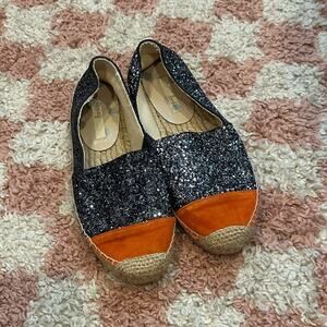 BODEN Women’s Orange Suede Pewter Glitter Jute Espadrille Flats Shoes
